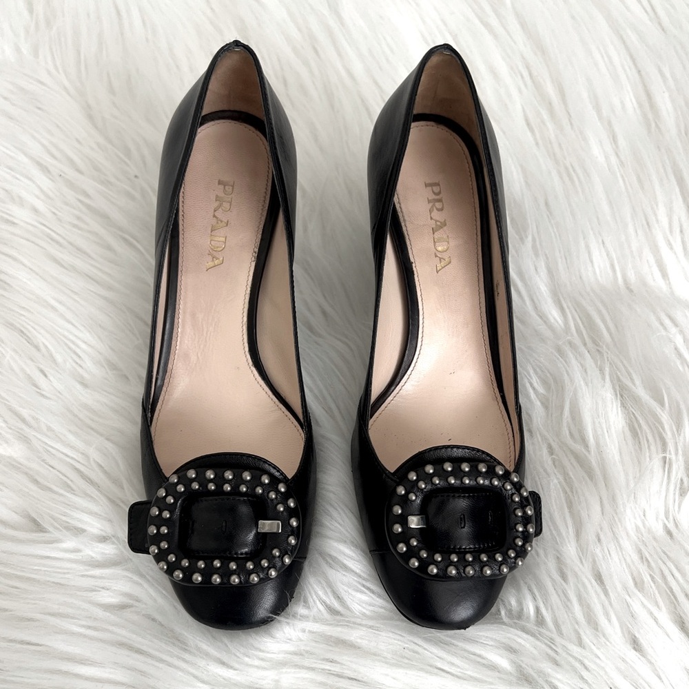 Prada Black Heeled Shoes with embellished buckle